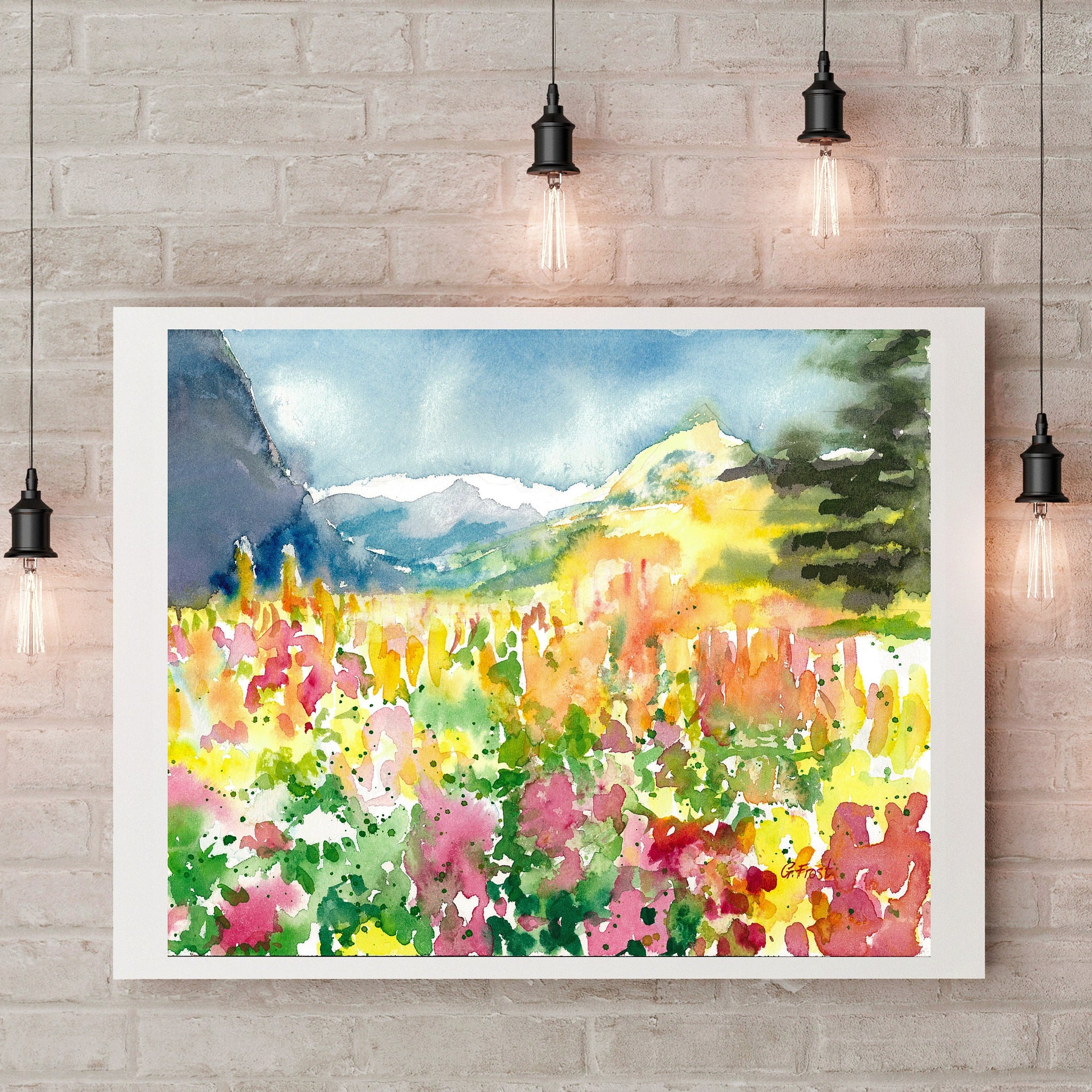 Rainbow Colours Valley and Mountain Watercolour Painting Art Print