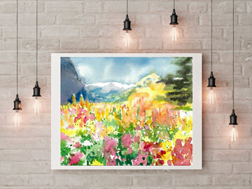 Rainbow Colours Valley and Mountain Watercolour Painting Art Print
