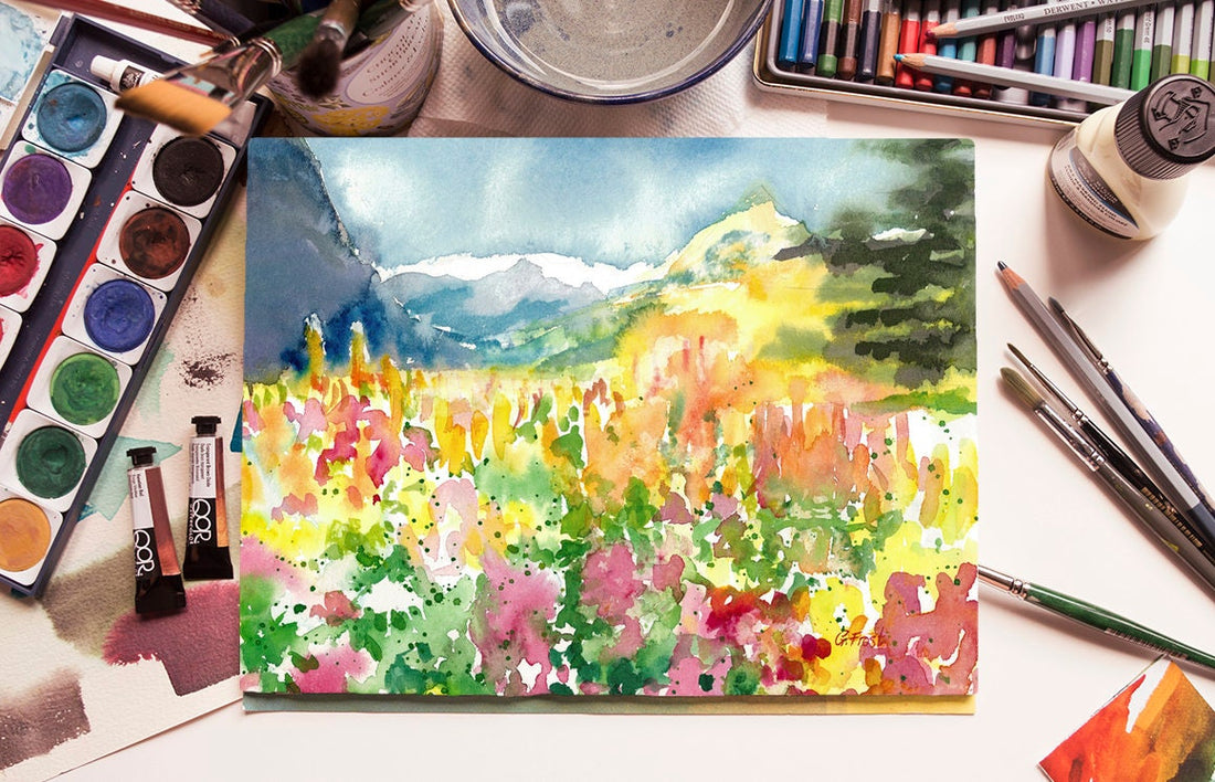 Rainbow Colours Valley and Mountain Watercolour Painting Art Print